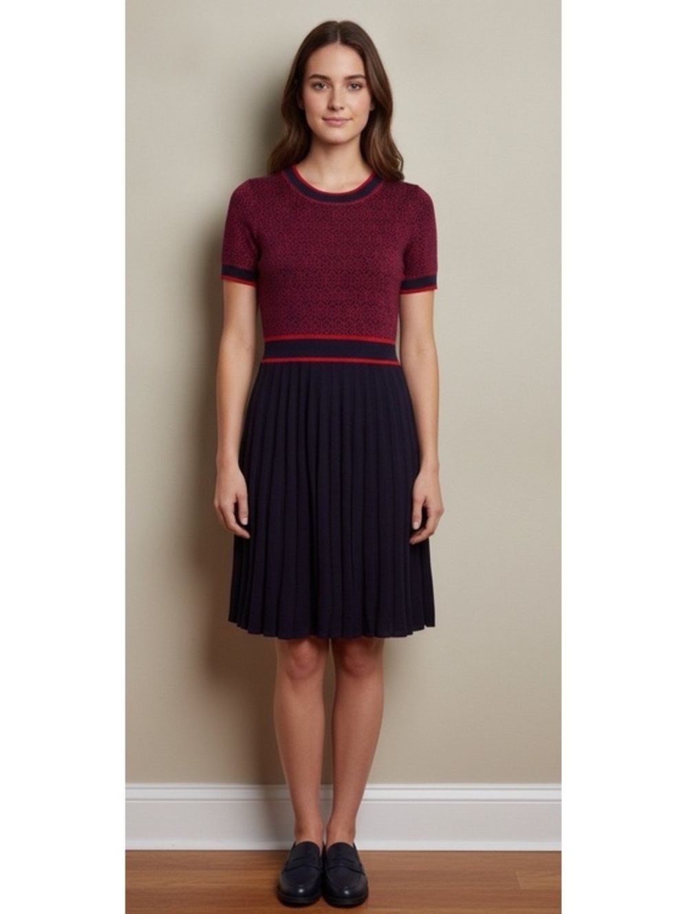 Draper James Boutique Line Navy and Red Pleated Sweater Dress S